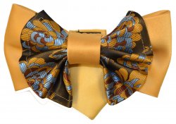 Vittorio Vico Honey / Mustard / Sky Blue / Chocolate Brown Plaid Paisley Double Layered Design 100% Silk Bow Tie / Hanky Set XL0152