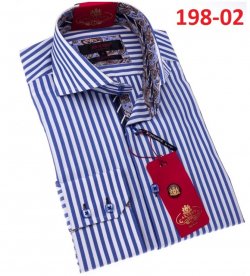 Axxess Blue / White Cotton Stripes Modern Fit Dress Shirt With Button Cuff 198-02.