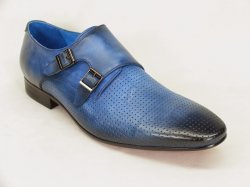 Carrucci Blue Genuine Calf Skin Leather Perforation Monkstrap Shoes with Black Burnished Tip KS308-06