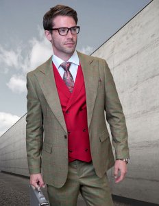 Statement "Oxford" Olive Green / Red Super 180's Cashmere Wool Vested Modern Fit Suit