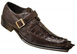 Belvedere "Ebano 3405" Brown Ostrich / Hornback Crocodile With Tail Monk Strap Shoes