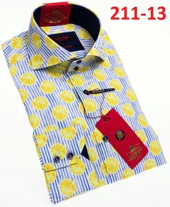 Axxess White / Blue / Yellow Lemon Slice Design Cotton Modern Fit Dress Shirt With Button Cuff 211-13.