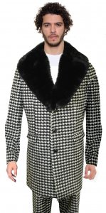 Lanzino Black / White Wool Removable Faux Fur Collared Long Jacket Outfit JK090