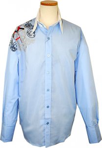 Manzini Sky Blue With Navy/Gold/Red Emroidered Emblem Design Button Down High Collar Long Sleeves 100% Cotton Shirt With French Cuffs MZ-88