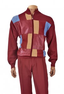Inserch Wine / Red / Sky Blue / Tan PU Leather / Knitted Zip-Up Sweater With Wine PU Leather Elbow Patch 439