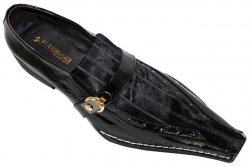 Fiesso Black/Tan with Eel Print, Pony Hair And Gold Buckle Patent Leather Pointed Toe Shoes FI8056
