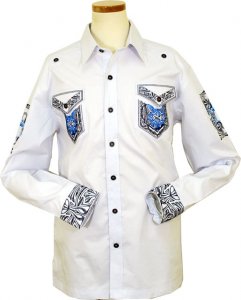 Prestige White With Navy / Royal Blue Embroidery 100% Cotton Long Sleeve Casual Shirt COT-153