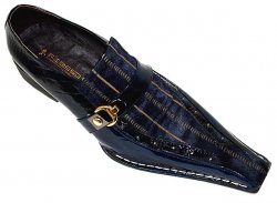 Fiesso Navy/Tan with Eel Print, Pony Hair And Gold Buckle Patent Leather Pointed Toe Shoes FI8056