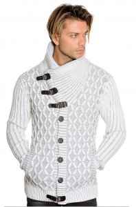 LCR White / Silver Button-Up Modern Fit Wool Blend Shawl Collar Sweater 5860