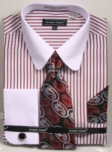 Avanti Uomo White / Burgundy Vertical Striped Dress Shirt / Tie / Hanky / Cufflink Set DN80