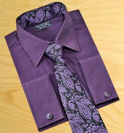 Tessori Plum With Dark Purple Wavy Pinstripe Dress Shirt With / Tie / Hanky Set With Free Cufflinks SH-302-P