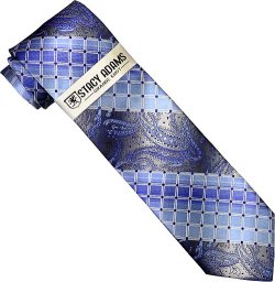 Stacy Adams Collection SA120 Charcoal Grey / Sky Blue / Royal Blue / Silver Grey Diagonal Paisley Diamond Design 100% Woven Silk Necktie/Hanky Set