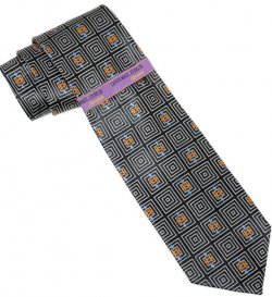 Earvin Magic Johnson Signature Black With White/Rust/Skyblue Cubic Design 100% Woven Silk Necktie