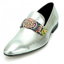 Fiesso Silver Suede Slip-on Shoes With Decorated Band FI7193.