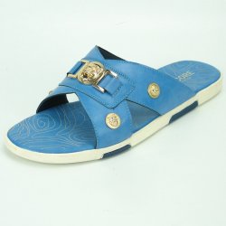 Fiesso Ocean Blue / Gold PU Leather Open Toe Slide-In Sandals FI2320