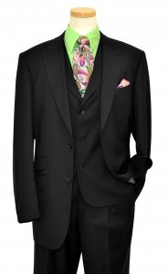 Extrema Black With Platinum Grey Handpick Stitching Super 150's Wool Vested Wide Leg Suit 7304/45