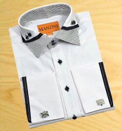 Manzini White Embroidered With White/ Black Triple Layered High Collar 100% Cotton Dress Shirt With Free Cufflinks V4