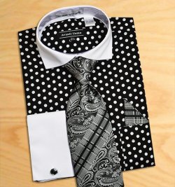Avanti Uomo Black / White Polka Dots With White Spread Collar Shirt / Tie / Hanky Set With Free Cufflinks DN47M