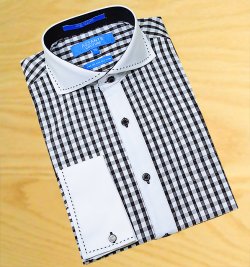 Assante White / Black Windowpane Super 80’s Two Ply 100% Cotton Dress Shirt With White Spread Collar / White French Cuffs With Black Hand Pick Stitching 624