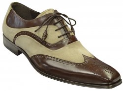 Mezlan "Campeche" Brown / Taupe Genuine Suede / Calf Skin Wingtip Shoes With Perforated Design 15353