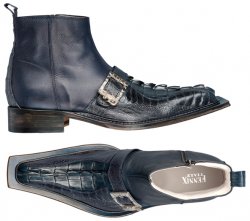 Fennix Italy 3268 Navy Blue Genuine Caiman Crocodile Tail, Ostrich Leg, and Calf Boots with Buckle Strap