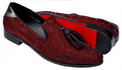 Fiesso Black / Red Rhinestone Encrusted Leather Loafers With Tassels FI7285-2
