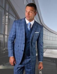 Statement "Tivoli" Steel Blue / Wine Super 180's Cashmere Wool Vested Modern Fit Suit