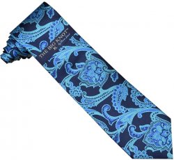 Steven Land Collection "Big Knot" SL109 Navy Blue Turquoise Ocean Blue Paisley Design 100% Woven Silk Necktie / Hanky Set
