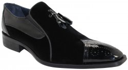 Duca Di Matiste "Sarno" Black Genuine Velvet / Patent Leather Tassels Medallion Toe Loafer Shoes.
