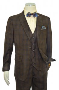 Bertolini Brown Multi / Royal Blue Plaid Super 140's Wool / Silk Modern Fit Vested Suit B79488-3