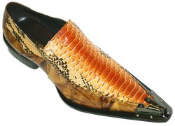 Fiesso Gold/Honey With Cognac Snake Print Pointed Toe Metal Tip Patent Wrinkle Leather Shoes FI6352