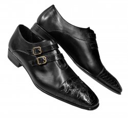 Mezlan "Bath" Black Genuine Crocodile Loafer Shoes With Double Monkstraps 13992-C