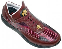 Mauri 8900 Ruby Red Bicolore Ostrich Leg And Nappa Leather Casual Sneakers With Gold Mauri Alligator Head