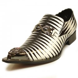 Fiesso Black / White Genuine Leather Slip-On With Gold Metal Toe FI6980