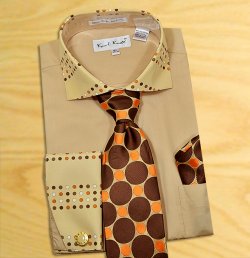 Karl Knox Tan / Brown / Orange Polka Dots Design Shirt / Tie / Hanky Set With Free Cufflinks DOT-5