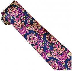 Verse 9 Collection Fuchsia / Yellow / Blue Paisley Design 100% Woven Silk Necktie/Hanky Set V9P