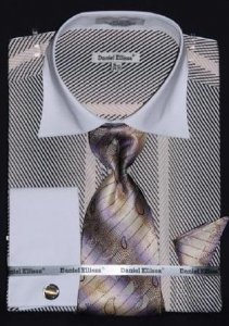 Daniel Ellissa Beige Two Tone Stripes Design Shirt / Tie / Hanky Set With Free Cufflinks DS3770P2