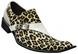 Zota White Leopard Hair / Genuine Leather Loafer Shoes Diagonal Toe With Monk Strap G838-103