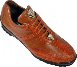 La Scarpa "Troy" Cognac Genuine Ostrich And Lambskin Leather Casual Sneakers With Silver Alligator On Front And Laces