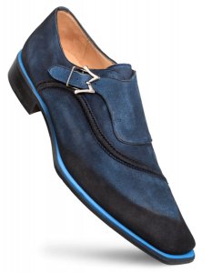 Mezlan "S109" Blue Genuine Suede Leather Monk-Strap Loafer Shoes.