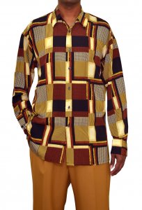 Jeevo Cognac / Black / Cream / Tan Geometric Artistic Design Microfiber Casual Long Sleeves Shirt BM004