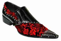 Zota Black / Red Genuine Leather / Pony Hair Studded Loafers With Monk Strap G908-70