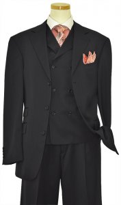 Extrema Solid Black With Black Handpick Stitching Super 140's Wool Vested Suit HX10014