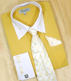 Fratello Mustard With Mustard / White Laced Spread Collar And French Cuffs Shirt/Tie/Hanky Set FRV4105P2