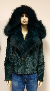 Winter Fur Green Genuine Diamond Mink Motorcycle Jacket With Fox Collar And Hood M49S02GN.