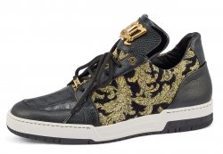 Mauri "Genesis" Black / Gold Genuine Crocodile / Time Leather / Matahari Fabric High-Top Sneakers 8413.