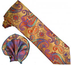 Verse 9 Collection Light Tan / Red / Purple Paisley Design 100% Woven Silk Necktie / Reversible Hanky Set V926