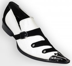 Fiesso Black/White Diagonal Suede Genuine Leather Loafer Shoes With Metal Tip FI6385