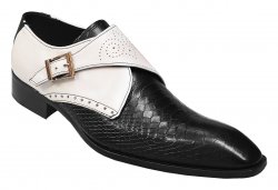 Duca Di Matiste 1110 Hand Painted Black / White Genuine Italian Calfskin / Python Design Perforated Slip-On Monkstrap Shoes