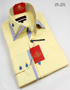 Axxess Yellow / Sky Blue Handpick Stitching Two Layer High Top Collar 100% Cotton Dress Shirt 05-251
